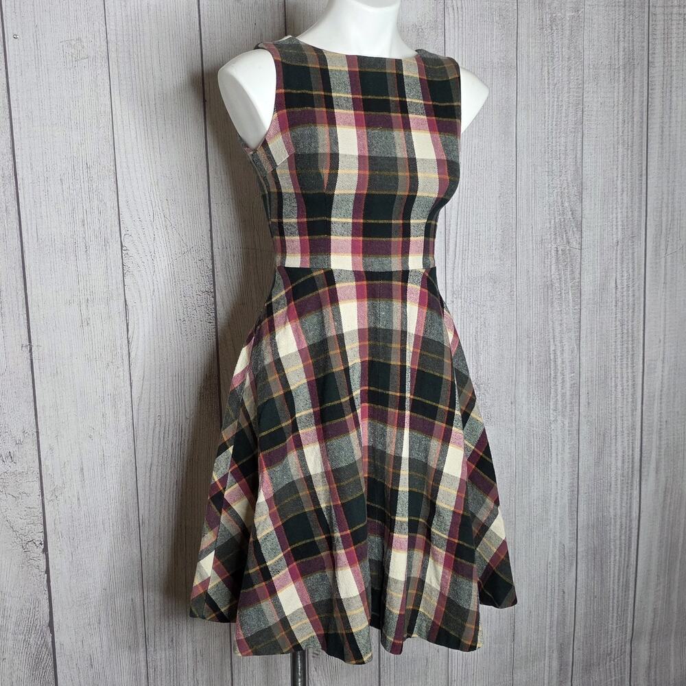 Vintage Handmade Plaid Fit Flare Dress Dark Academia Cottagecore, sz XS/Small